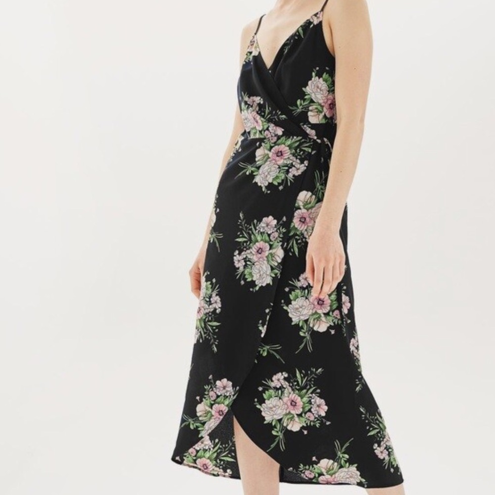 Topshop black pink Floral Wrap Dress romantic feminine Sz 2